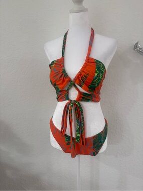 SHEIN Orange Tropical Print Cutout Tie Bikini Set